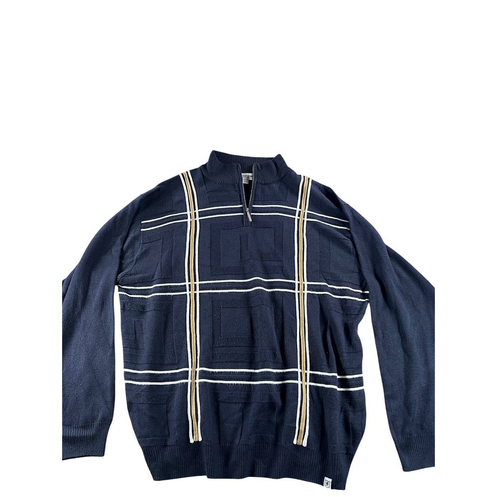 Stacy Adams Mens XXL Quarter Zip Sweater Navy Blue Textured Striped Mock Neck
